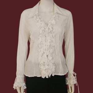 Vtg VIOLET & CLAIRE White Ruffle Hearts Jabot Crinkle Button Down Shirt